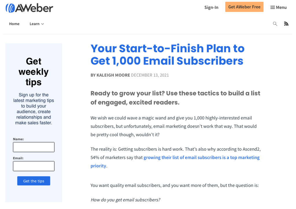 AWeber Newsletter signup at top of blog