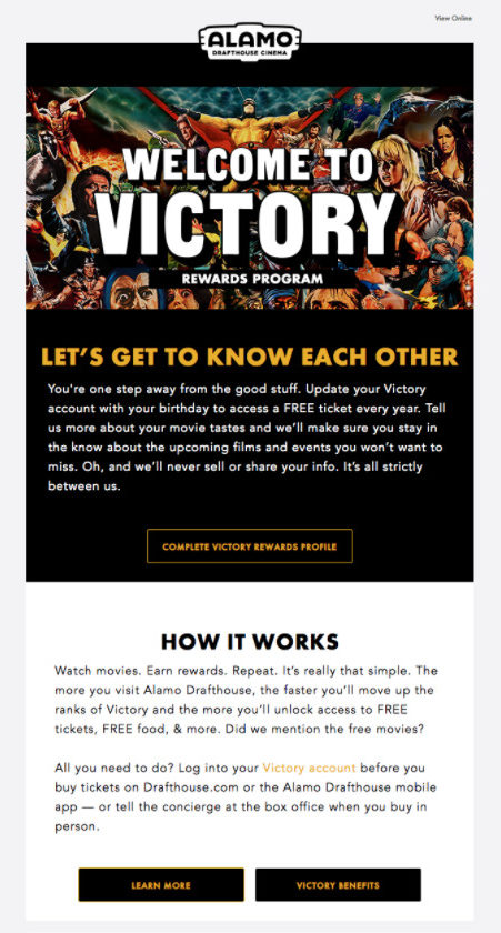 Loyalty program email example from Alamo Drafthouse Cinema