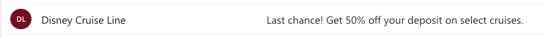 Subject line example from Disney Cruise Line using urgency language