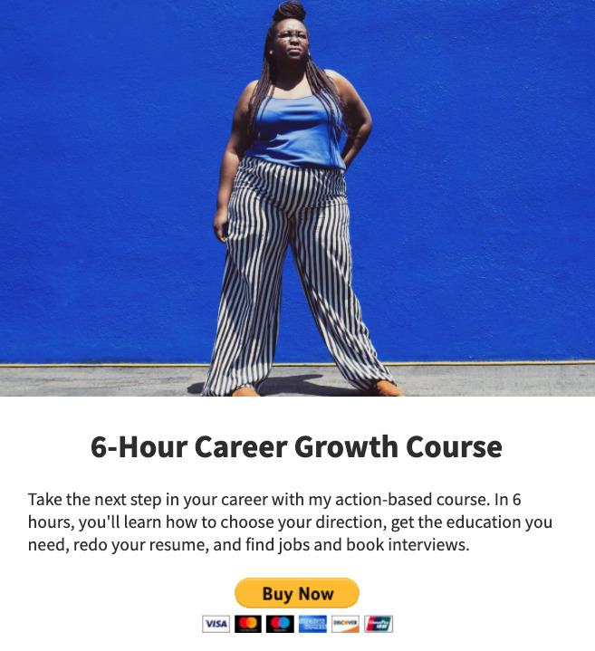 An email that says "6-Hour Career Growth Course" and has a PayPal designed button that says "Buy Now."