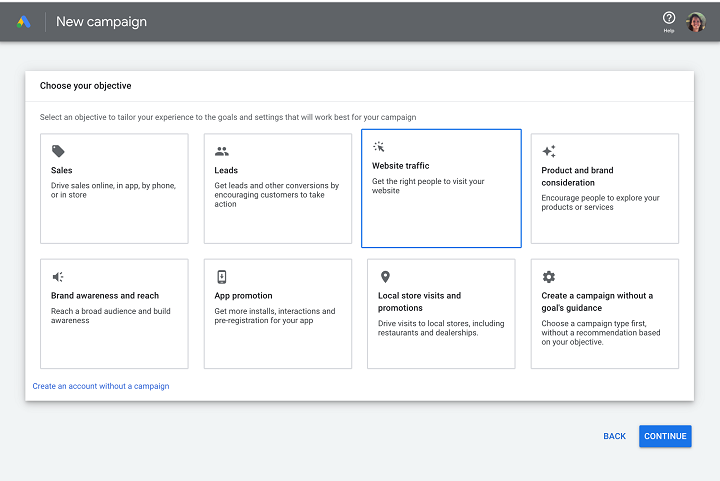 how to run google ads - before you select a campaign you select from a set of goals exemplified here