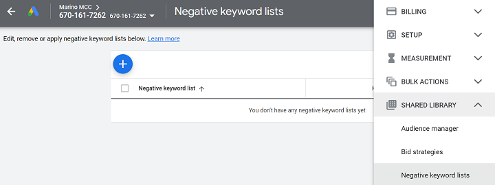 how to run google ads - example of negative keyword list options found under the shared library