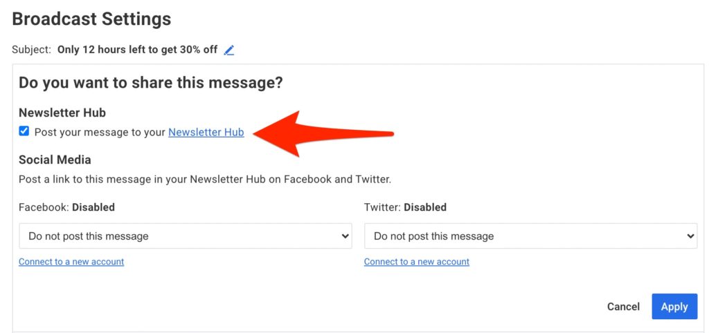 The box to add your broadcast emails to your Newsletter Hub in the settings.